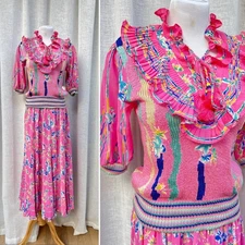 Diane Freis 1980s pink Floral Pleated skirt and knit top two piece set