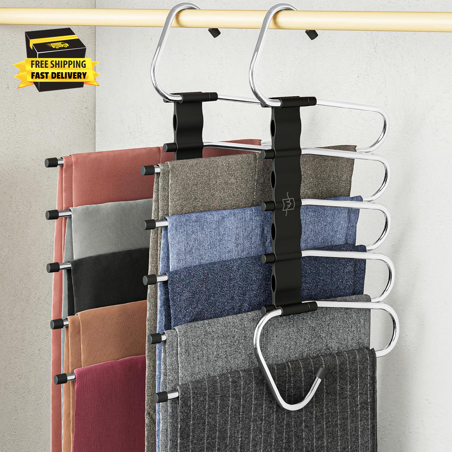 Space-Saving Non-Slip Pants Hangers - 2 Pack Multi-Layer Closet Organizer-image