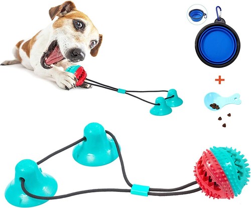 Double Suction Cup Dog Chew Toy-Tug of War-For Aggressive Chewers-W/Scoop&Bowl
