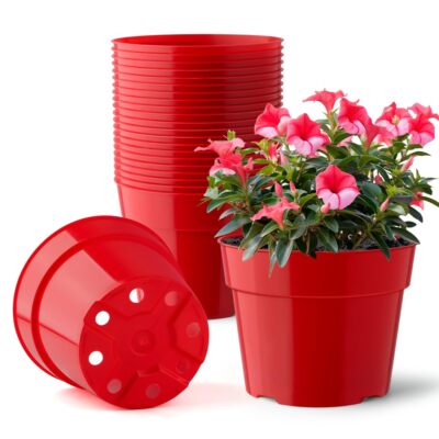 20 Pack 6 Inch Red Plant Pots Plastic Flower Pots Water Trays Soil Mesh