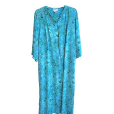 Shadowline House Coat Patio Dress Robe Size Large Blue Floral Rayon Zip
