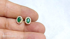 1.44ct Genuine Mined Emerald & Diamond Stud Earrings In Solid 14K Yellow Gold