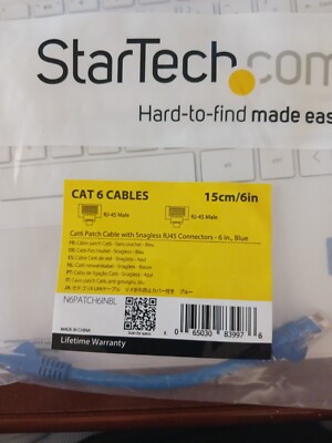 STARTECH CAT 6 PATCH CABE W/ SNAGLESS RJ45 CONNECTORS 6IN BLUE