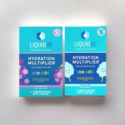 (Lot of 2) Liquid I.V Hydration Multiplier Mix Kids Cotton Candy & Concord Grape