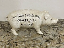 Vintage Wm. Moland's Sons Quaker City Hams White Pig Cast Iron Coin Piggy Bank