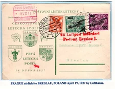 CZECHOSLOVAKIA 1927 FIRST FLIGHT AIR MAI COVER FRANKED SCOTT C7-C8