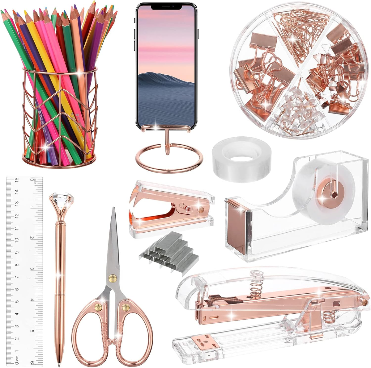 Rose Gold Desk Accessory Kit - Acrylic Stapler, 1000 Staples, Binder Clips & Paper Clips Set - View #8