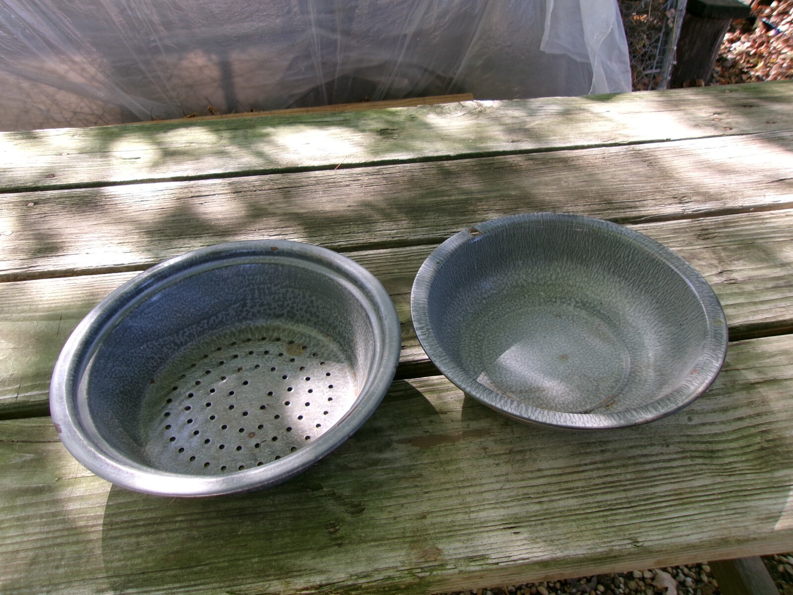 Antique gray enamelware basin bowl and matching colander strainer.