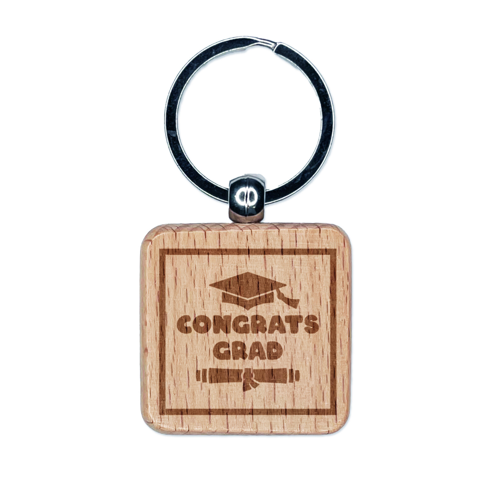 Congrats Grad Graduate Graduation Cap Diploma Engraved Wood Square Keychain
