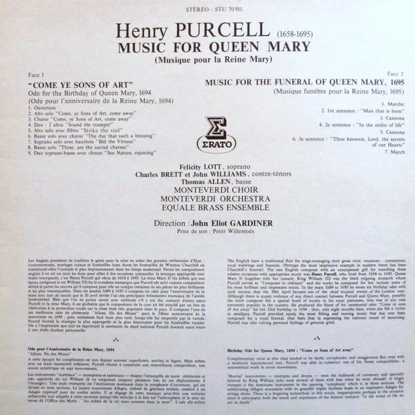 John Eliot Gardiner PURCELL Music for Queen Mary ERATO STU 70911 LP (1977) neuf - Photo 2/2