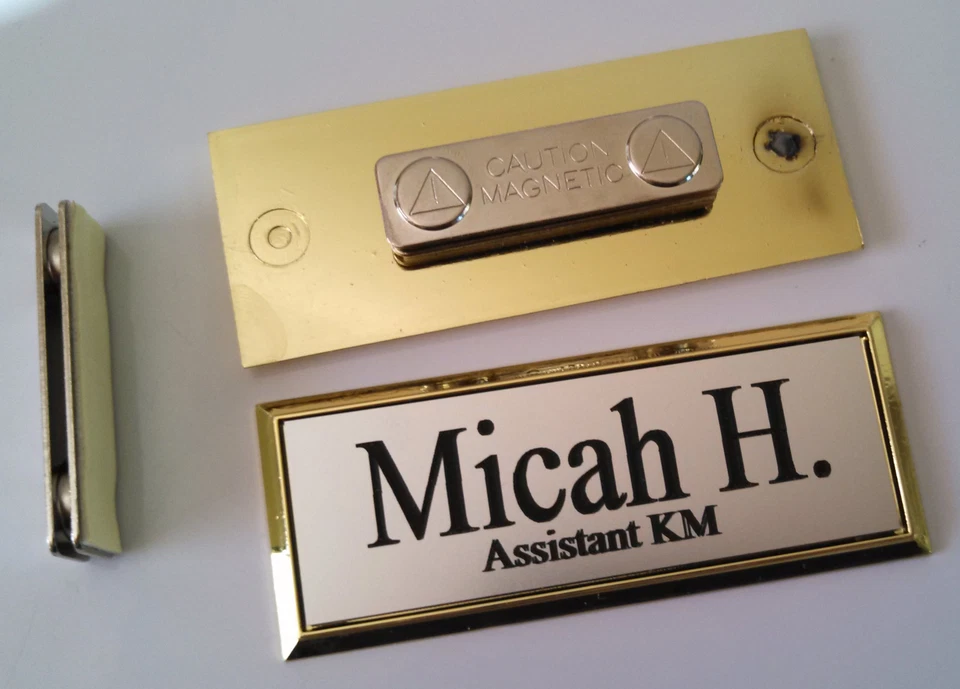 CUSTOM ENGRAVED Employee Name Tags Silver on Gold Frame w/ magnetic (magnet) attachment 1x3