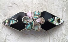 VTG  Abalone Inlay Enamel Hair Clip Art 80s Alpaca Silver Barrette   4" x 1.1/4"