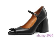 Womens Faux Leather Block Heels Shoes Pointed Toe Bow Strap Office OL Party Prom