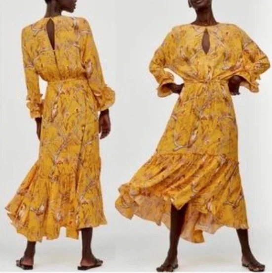 Johanna Ortiz x H&M Yellow Floral Long Sleeve Midi Ruffle Crepe Dress Size Large - Image 2 of 4
