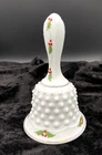 Vintage (60s) MCM Fenton Milk Glass Hobnail Bell, Holly and Berries, Gold Trim