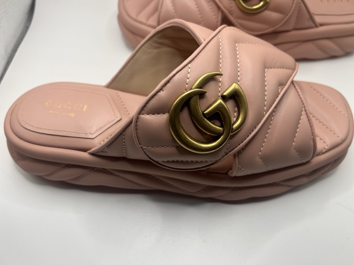 Gucci Marmont Double G Quilted Nappa Leather Thong Slide