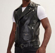 Black Genuine Leather Biker Vest Sleeveless Motorcycle Punk Rock Waistcoat