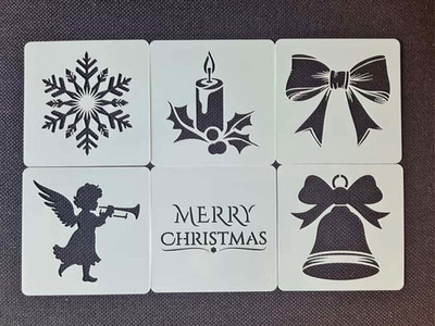 Set 6 Stück Weihnachtsschablonen Schneeflocke Engel Glocke Kerze Text Vorlage Karte