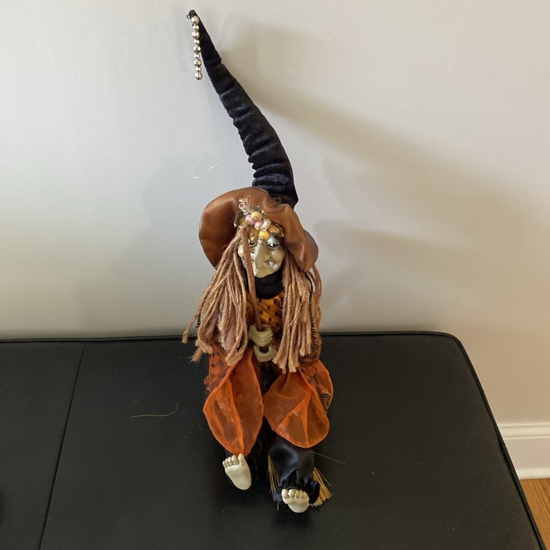 Witch Doll Halloween Decor Large Flying Curved Nose Broom Barefoot Hanging Rare