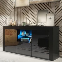 TV Unit TV Stand Sideboard Cabinet Black Gloss Doors Storage LED Lights 145cm