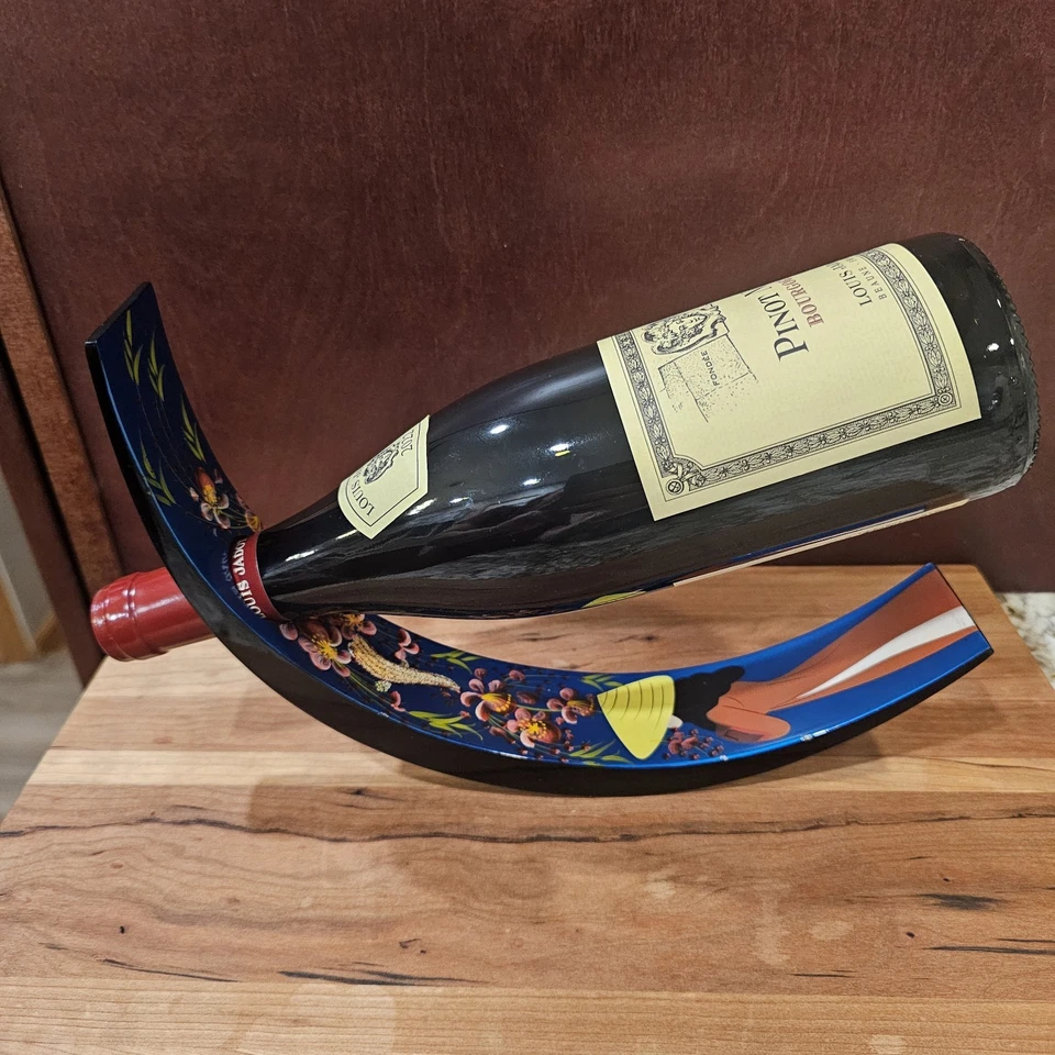 Portabotellas de vino con temática asiática pintada a mano, lacado azul Foto 3 de 4