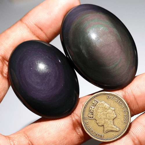 Set 2 PC Natural Rainbow Obsidian Hi-Quality Collectible Oval Crystal Palmstones - Picture 9 of 12