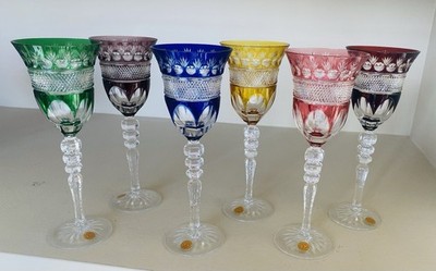 WEST GERMANY 30% LEAD CRYSTAL 6 WINE GLASSES /GOBLETS MULTICOLOR  w/ LABELS MINT