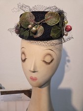 Vintage Black Straw Pillbox Hat with Net Veil Union Made MCM Retro Wear SO CLEAN