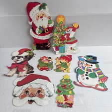 Vintage Lot Of 8 Eureka Christmas Cardboard Double Sided Cutouts - Santa, Dog