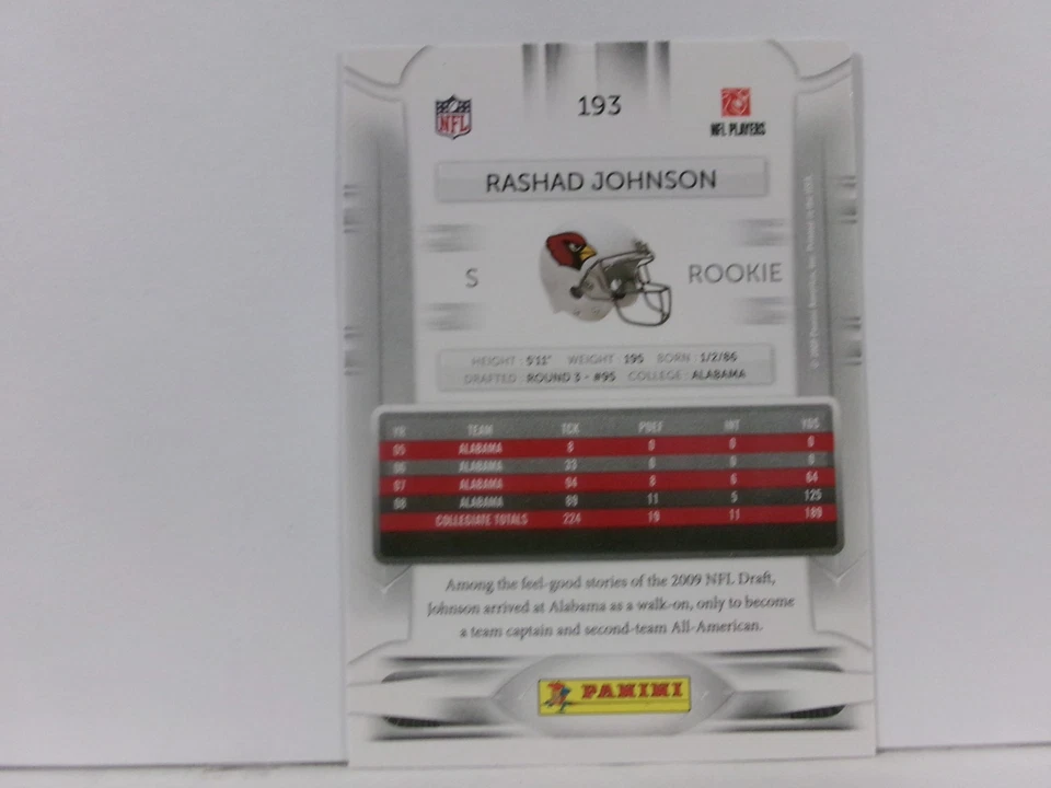 2009 Playoff Prestige Rookie Rashad Johnson #193 Rookie RC - Image 2 of 2