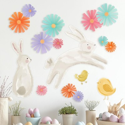 Bunny Wall Decal Rabbit Chicks Pastel Florals Flower 3D Wall Decor Wallart fo...