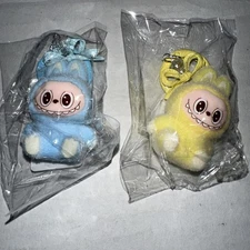 2 Mini Plush Monster Rabbit Seating Posture Action Figure Key Chains Yellow/Blue