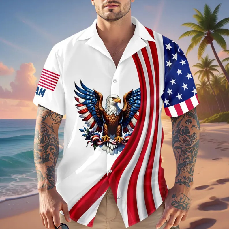Patriotic American Flag Eagle Hawaiian Shirt Men's
