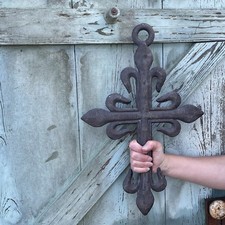 Vintage Decorative Cast Iron Cross Fleur de Lis Rustic 19.75 x13 Wall Hanging