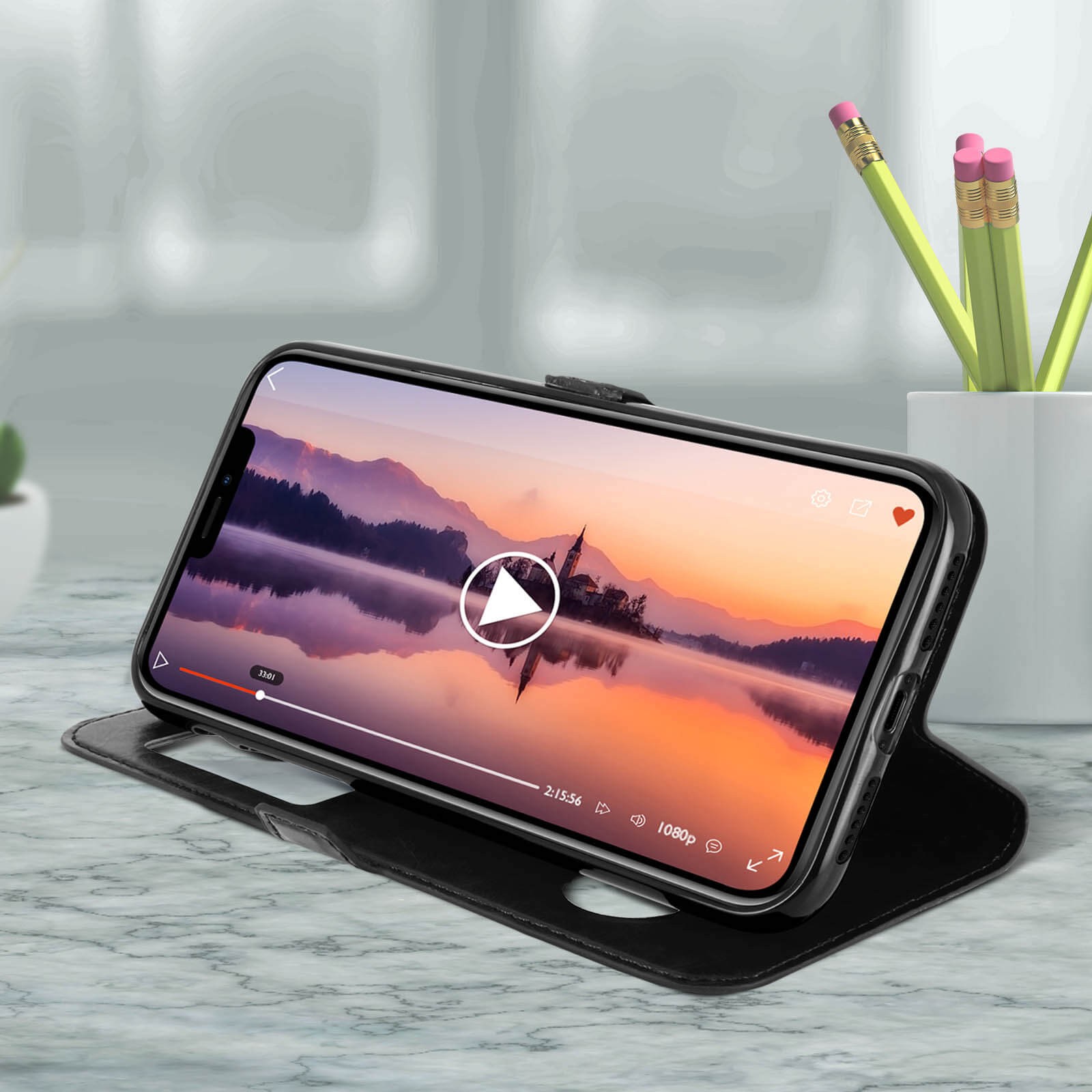 Coque iPhone 11 avec support vidéo intégré et double fenêtre de notification