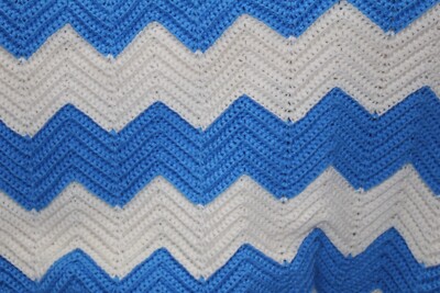 Vintage Herring Bone Single Crochet Afghan Sky Blue and Cream 107'' X 130'' Rare