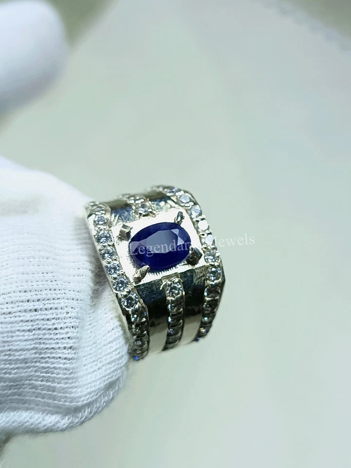 Natural Blue Sapphire Ring 925 Silver Plated Ring For Men's Engagement Ring - Image 3 of 4