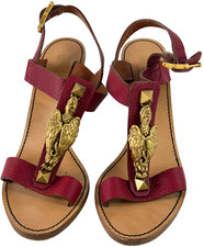 VALENTINO GARAVANI Burgundy Leather Scarab Accent T-Strap Sandals 37.5 - 7.5 US