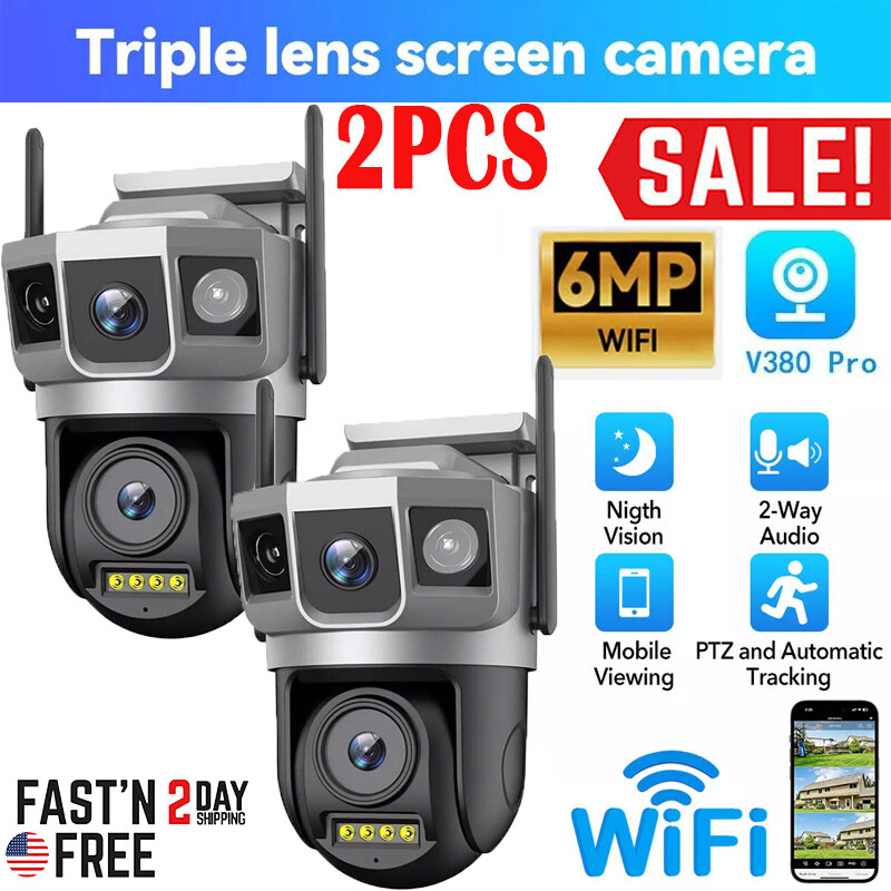 2PCS 3 Lens HD 6MP WiFi IP Camera Wireless Outdoor CCTV PTZ Home Security IR Cam