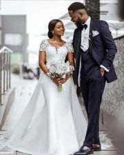 Sparkly Mermaid Satin Wedding Dresses Lace Appliqus Long Sleeves Bridal Gowns