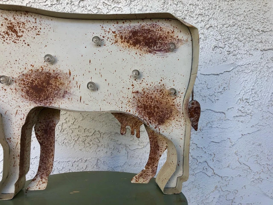 Folk ART Scrap Rustic Metal Big Cow Wall Light up Sign 20" x 15" x 2" - Image 4 of 4