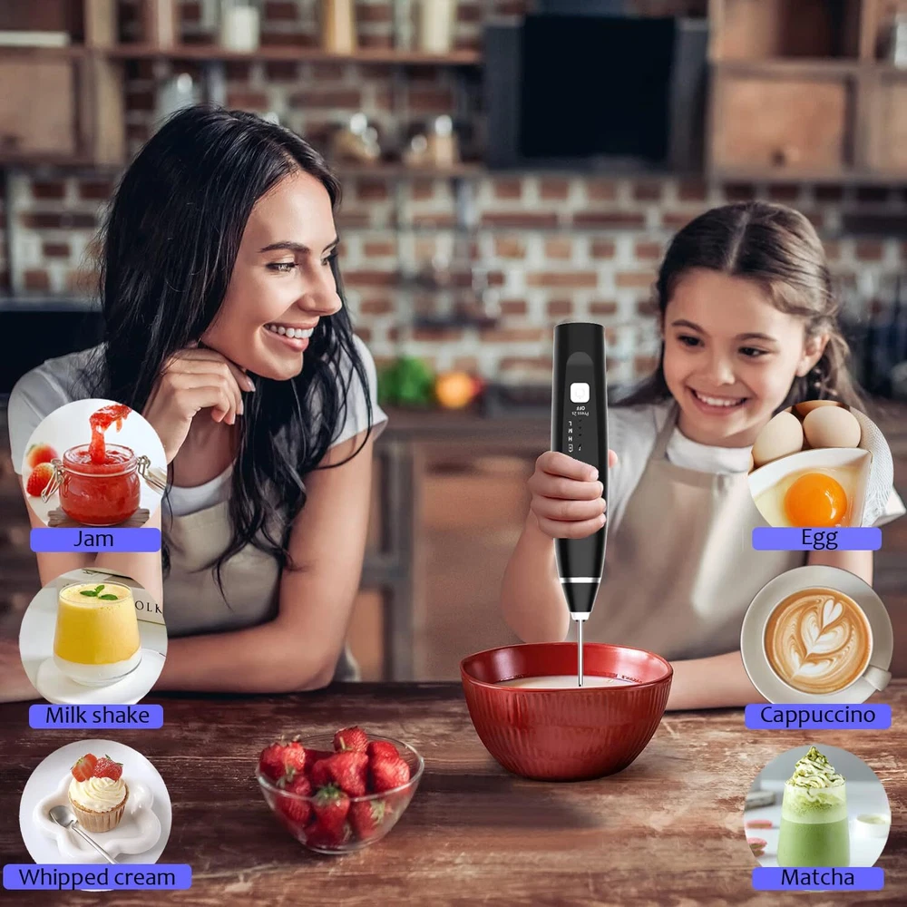 Milk Frother Handheld Foam Maker with 2 Stainless Stirring Head 3 Speed Recha... Milk Frother Handheld Foam Maker with 2 Stainless Stirring Head 3 Speed Recha...