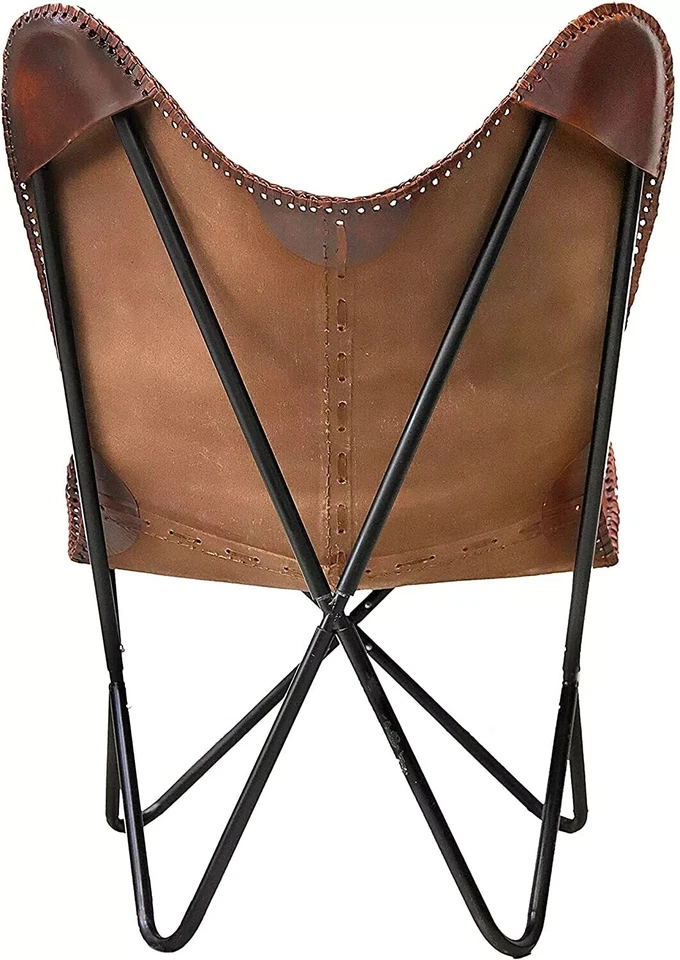 Silla vintage hecha a mano de cuero con acento de salón mariposa marrón sillón relax brazo Foto 3 de 4