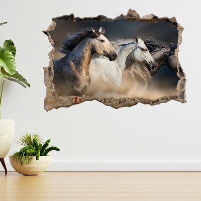 Pferde laufen Galopp in Wüste Staub 3D zerschlagene Ansicht Wandaufkleber Poster Aufkleber A609