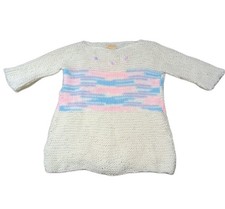 Rare Vintage 1980s Anna Petrush Hand Knit Sweater Ivory Pink Blue Women's Knit