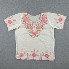 Mayan Mexican Guatemala Hand Embroidered Floral White Top Women  s Medium EUC