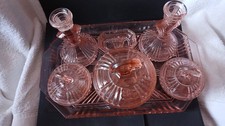 Vintage Art Deco Pink Glass Dressing Table Set Glassware With Tray Vanity Sets