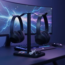 Dual Headphones Stand Aluminum Alloy Metal Desk Organizer for Gaming Office