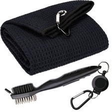 Microfiber Golf Towel,Waffle Pattern,Tri Fold,Brush Tool,Black Towel,Black Brush