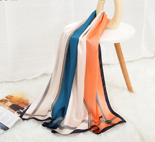 100 Silk Mulberry Square Shawl Scarf Bandanna Orange strip Print 170X53cm wrap